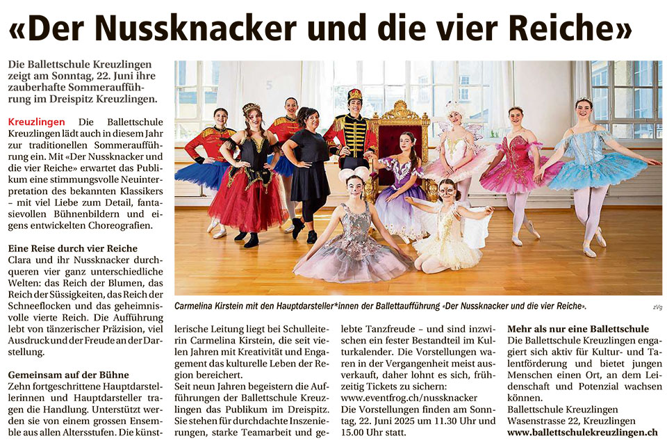 Artikel zu unserer Sommeraufführung »Der Nussknacker und die vier Reiche« in den Kreuzlinger Nachrichten vom 19.06.2025